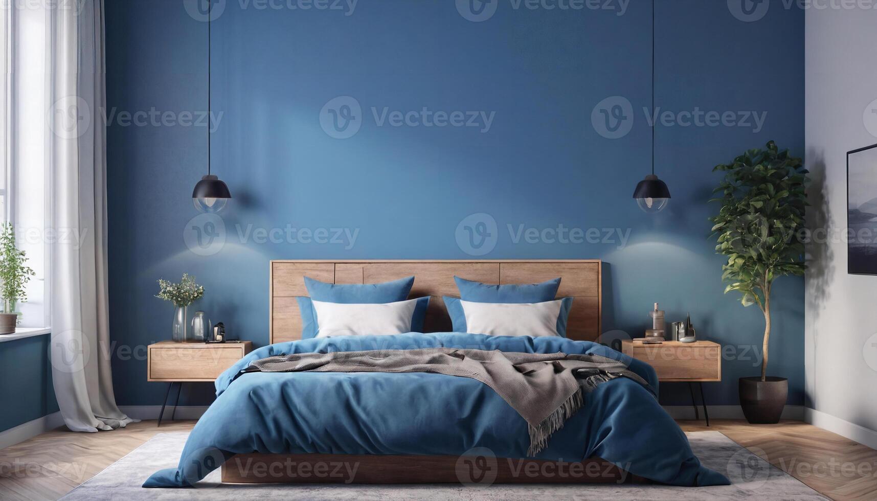ai gegenereerd groot slaapkamer interieur met modern minimaal kijken blauw kleur regeling foto