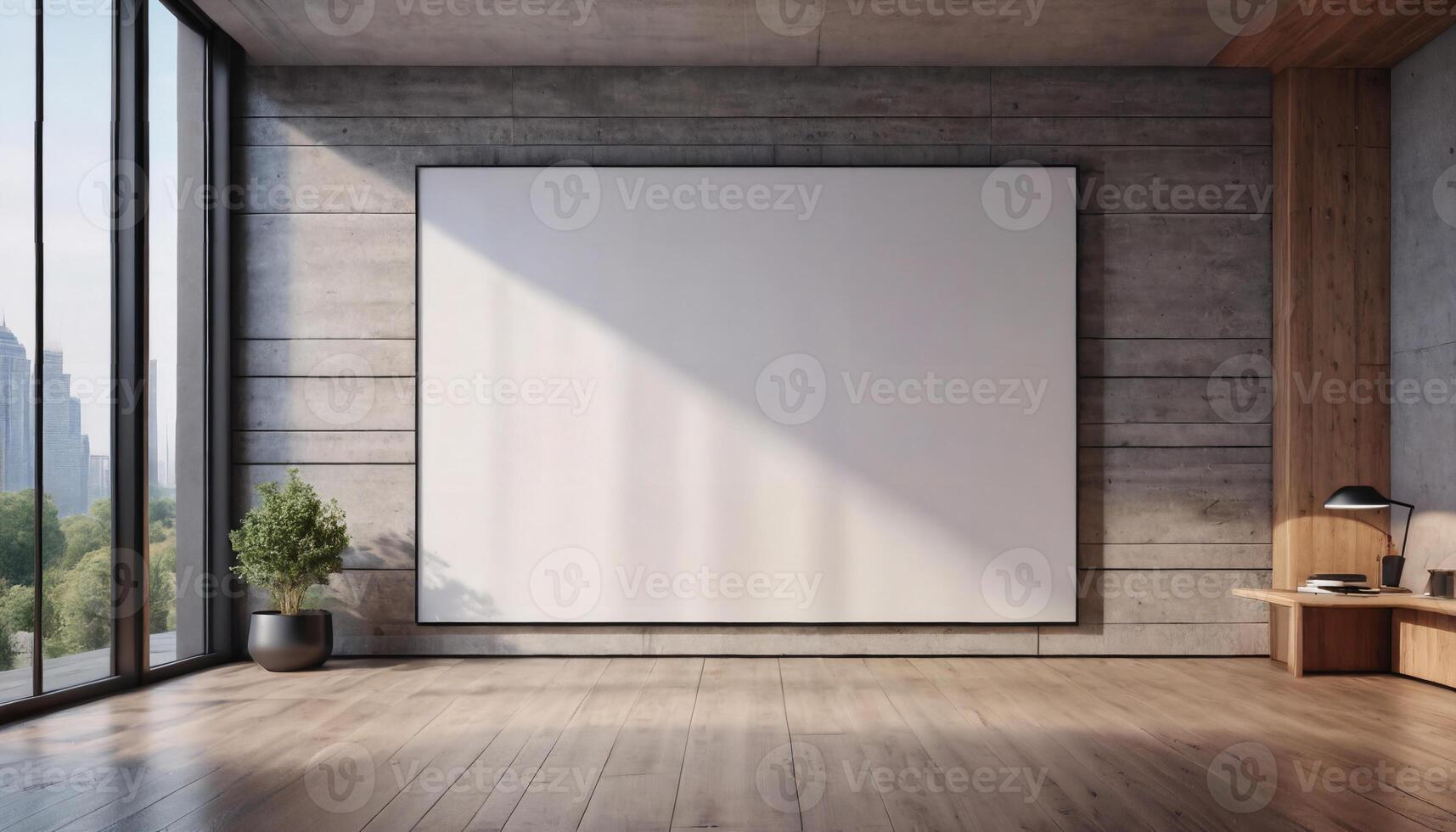 ai gegenereerd groot slim kamer concept, een blanco poster Aan de muur achtergrond foto