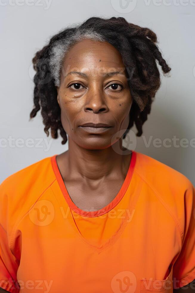 ai gegenereerd gevangenis mugshot foto van midden- oud Afrikaanse Amerikaans vrouw in oranje jumpsuit