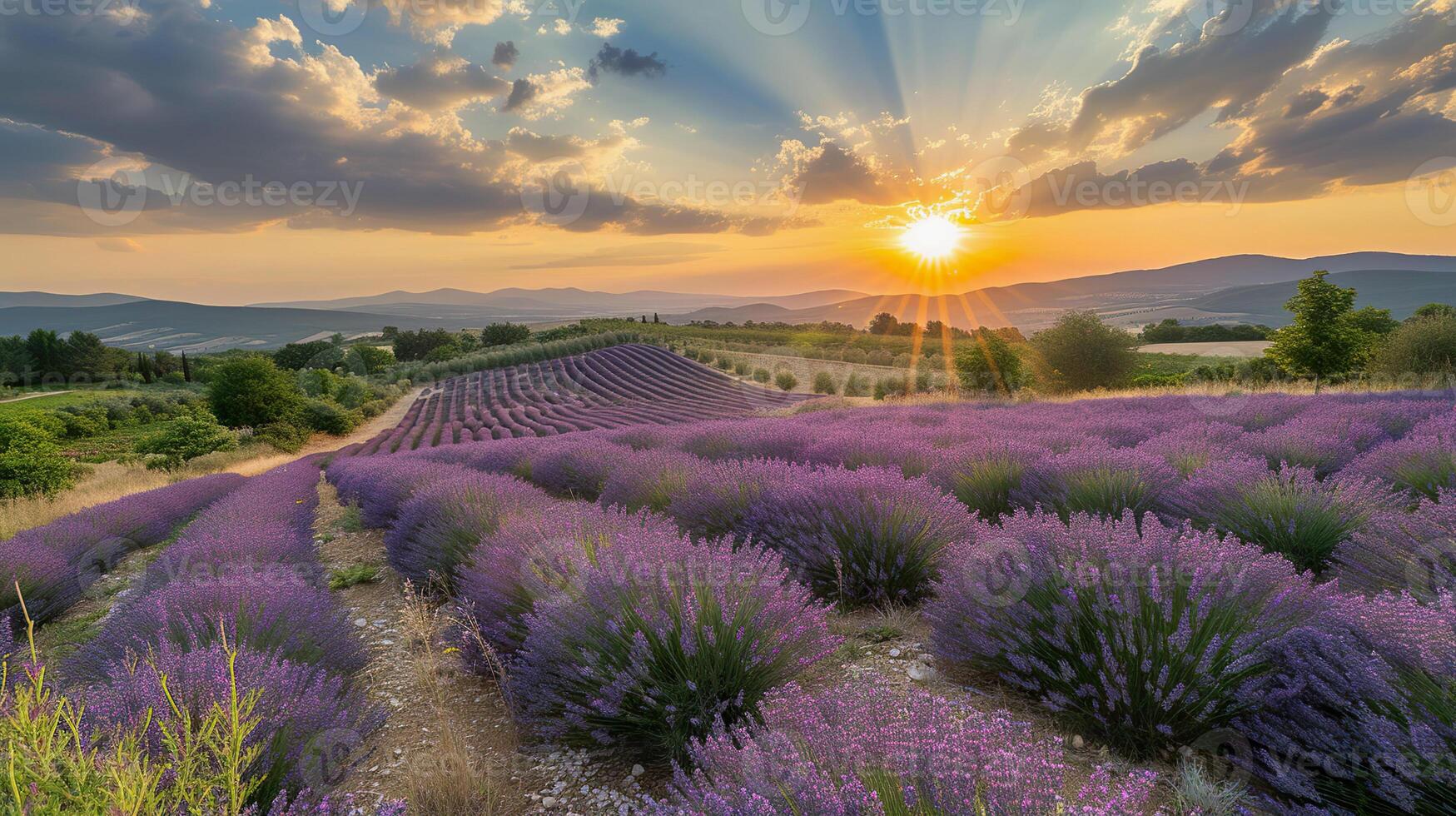 ai gegenereerd lavendel velden zonsopkomst in Provence, abstract reizen achtergrond, kopiëren ruimte foto