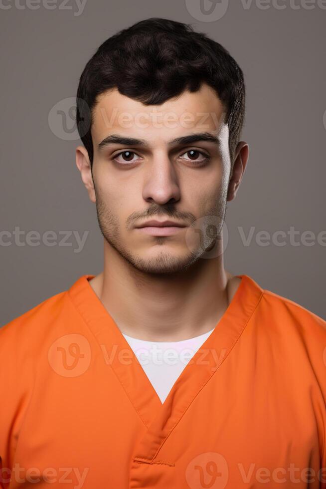ai gegenereerd gevangenis mugshot foto van jong Arabisch Mens in oranje jumpsuit
