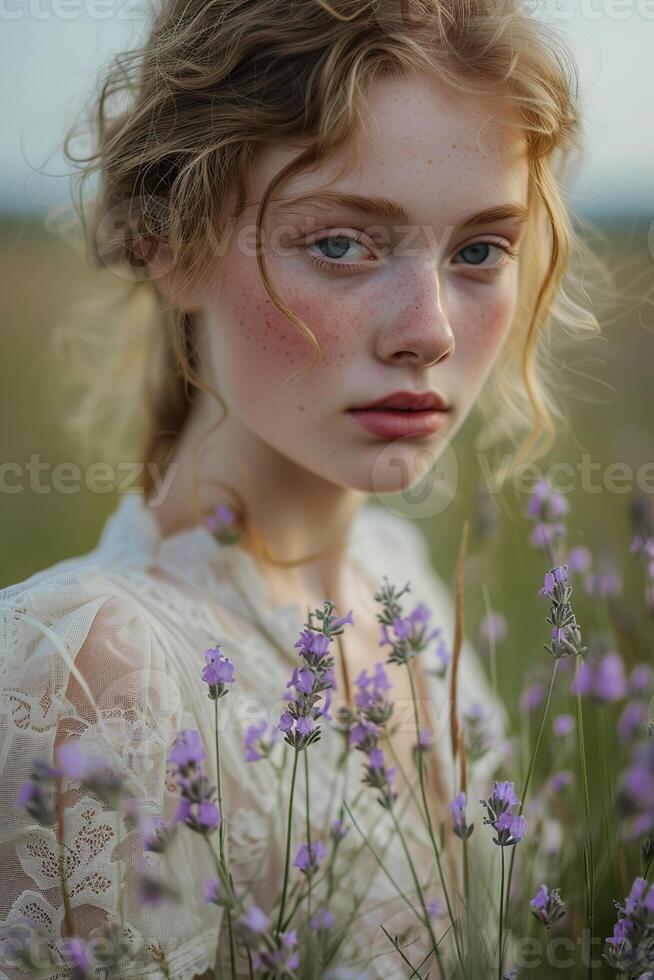 ai gegenereerd mode portret. vrouw model- met wild lavendel bloemen foto