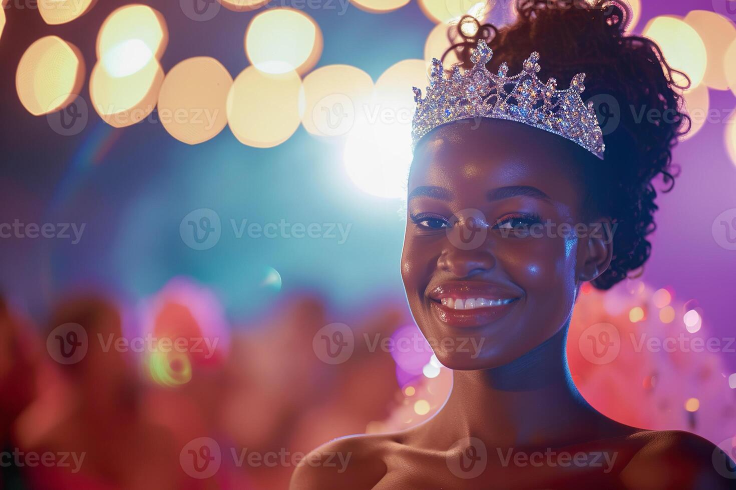 ai gegenereerd schoonheid optocht wedstrijd. 15 jaren oud zwart meisje in tiara en mooi jurk, winnaar foto