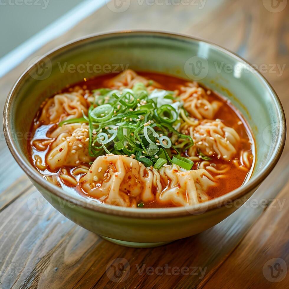 ai gegenereerd Kimchi noodle soep met knoedels in een licht groen kom Aan een houten tafel foto