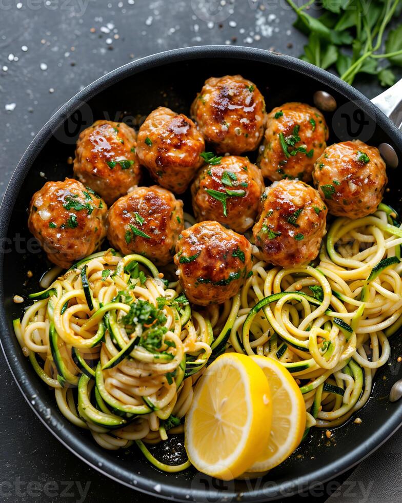 ai gegenereerd knoflook boter kalkoen gehaktballen met courgette noedels en citroen plakjes in een zwart pan foto