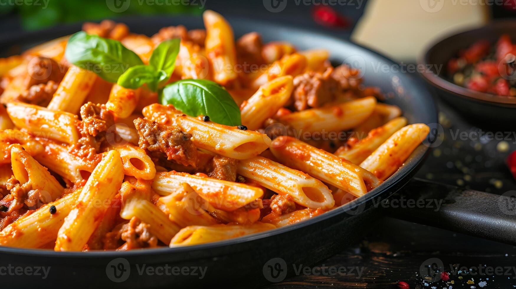 ai gegenereerd rundvlees penne pasta in tomaat saus in een zwart pan foto