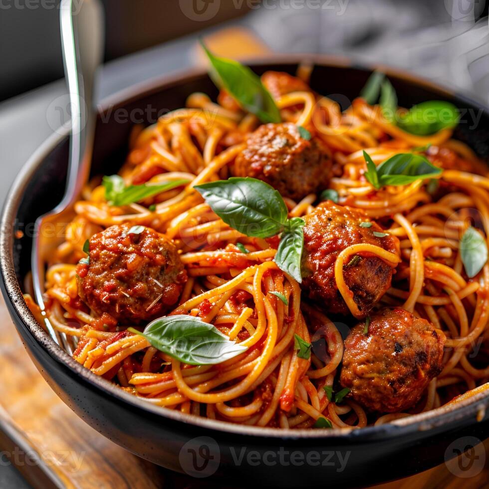 Italiaans spaghetti en gehaktballen in een kom foto