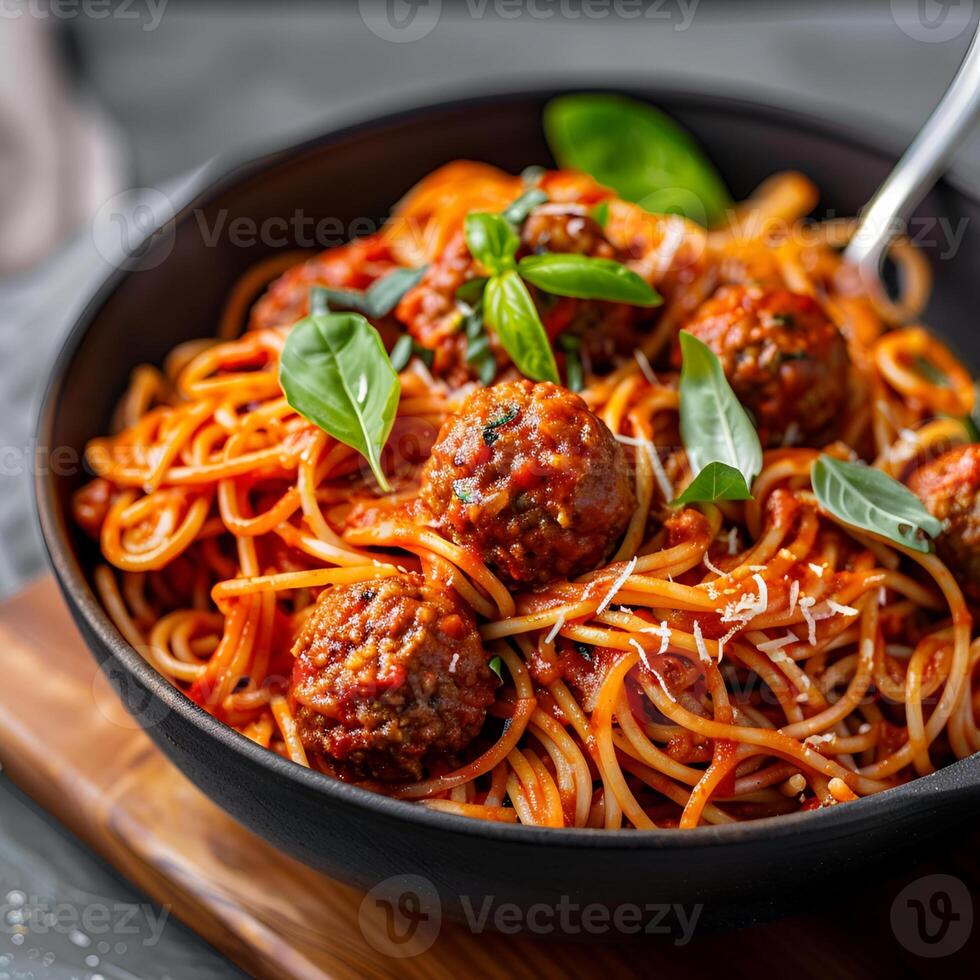 Italiaans spaghetti en gehaktballen in een kom foto