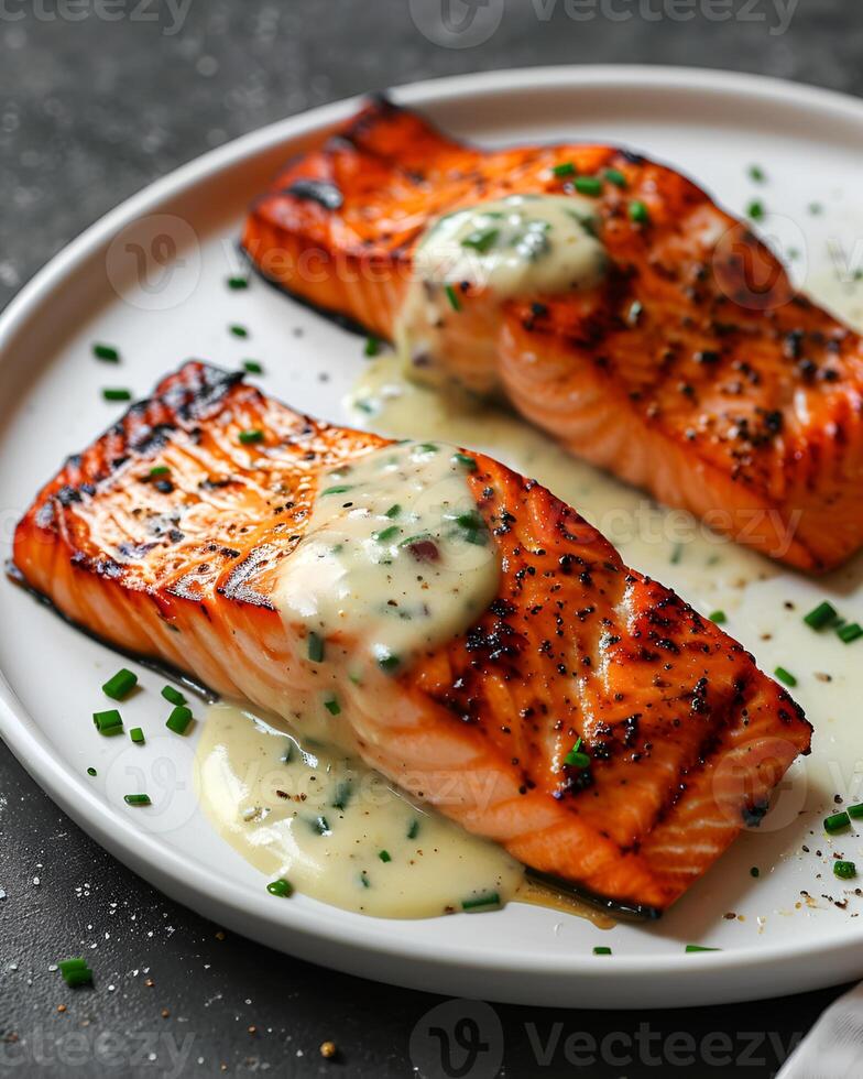 ai gegenereerd plakjes van gegrild Zalm met romig mosterd bieslook saus besprenkeld met peper Aan een wit bord foto