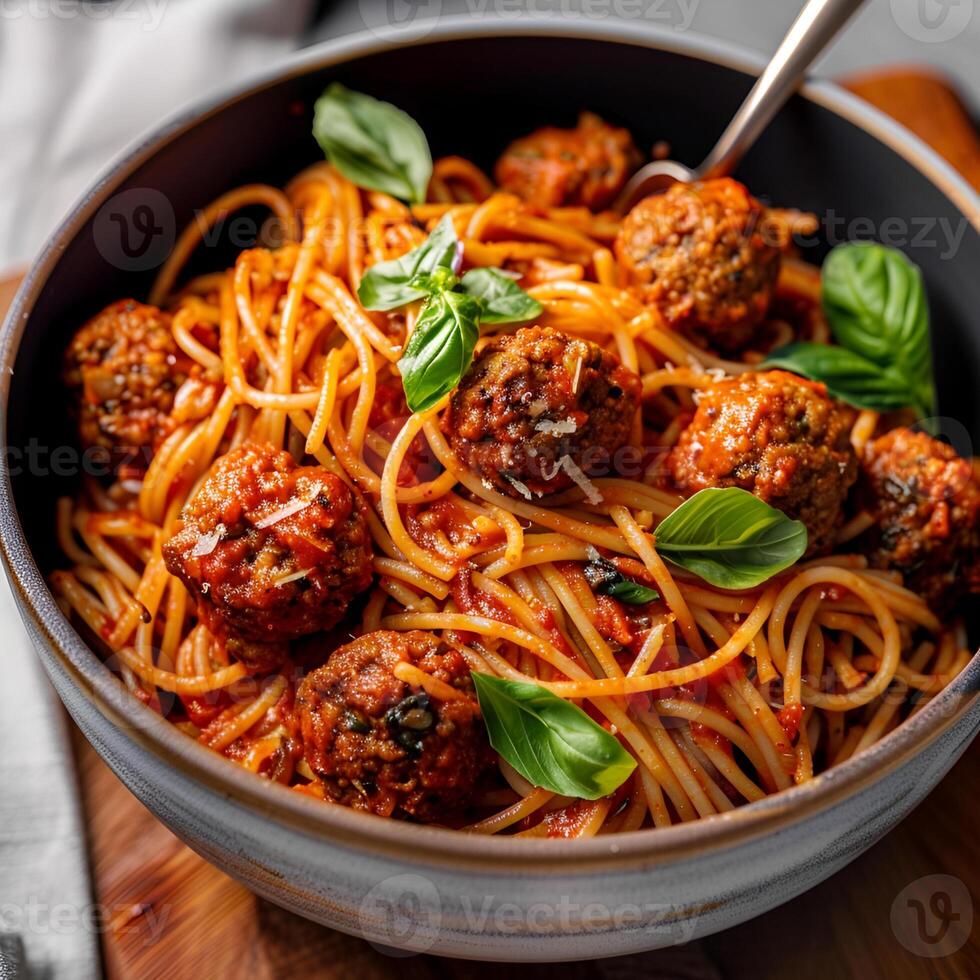 Italiaans spaghetti en gehaktballen in een kom foto