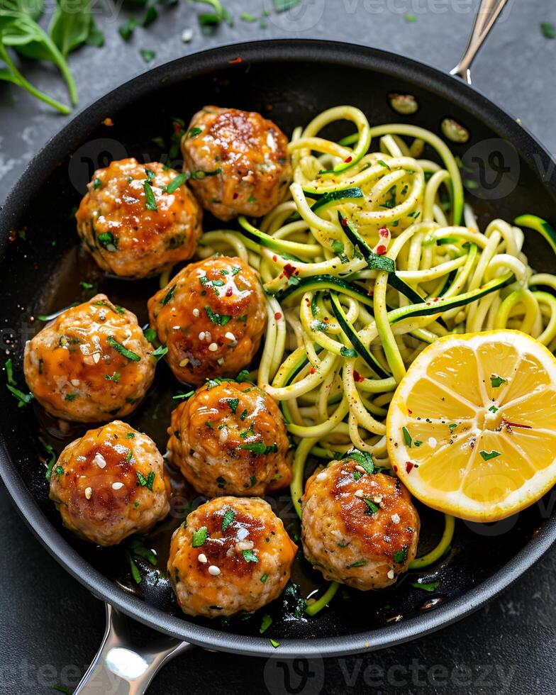 ai gegenereerd knoflook boter kalkoen gehaktballen met courgette noedels en citroen plakjes in een zwart pan foto