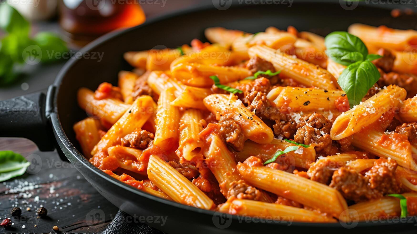 ai gegenereerd rundvlees penne pasta in tomaat saus in een zwart pan foto