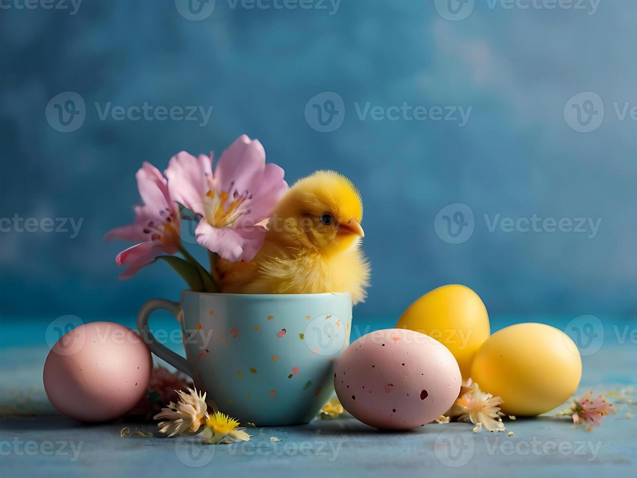 ai gegenereerd Pasen kuiken in theekopje Aan blauw achtergrond met Pasen eieren en voorjaar bloemen. foto