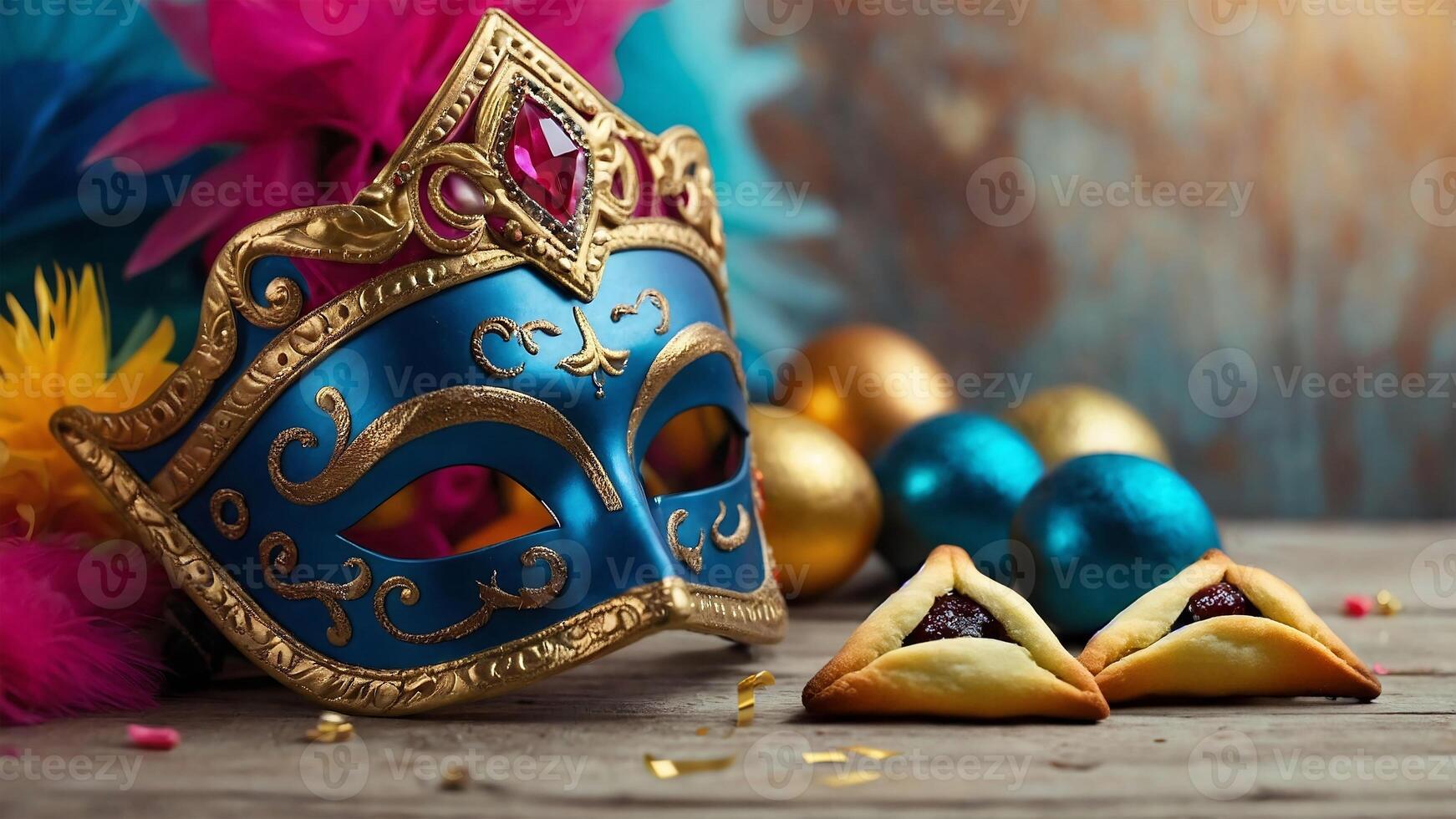 gelukkig poerim, Joods vakantie carnaval eerlijk achtergrond met carnaval maskers en tradities hamantaschen koekjes. ai gegenereerd. foto