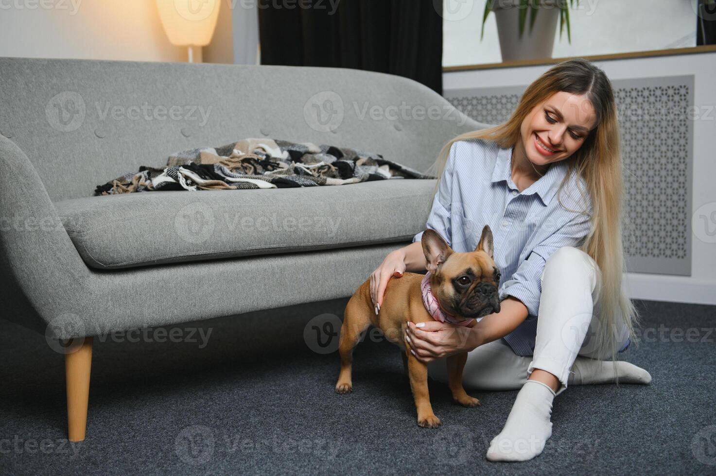 jong mooi vrouw in gewoontjes kleren knuffelen haar hond zittend Aan de sofa in de leven kamer van haar knus land huis. dier communicatie concept foto