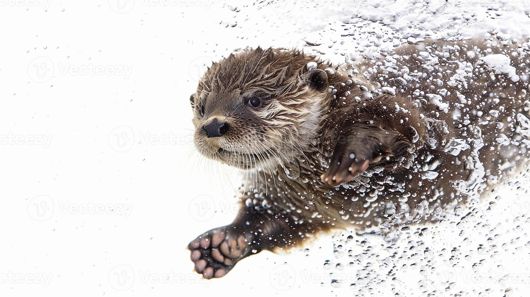 ai gegenereerd zwemmen Otter uitrusting, een baby Otter uitrusting speels drijvend Aan haar terug in water, achtergrond afbeelding, generatief ai foto