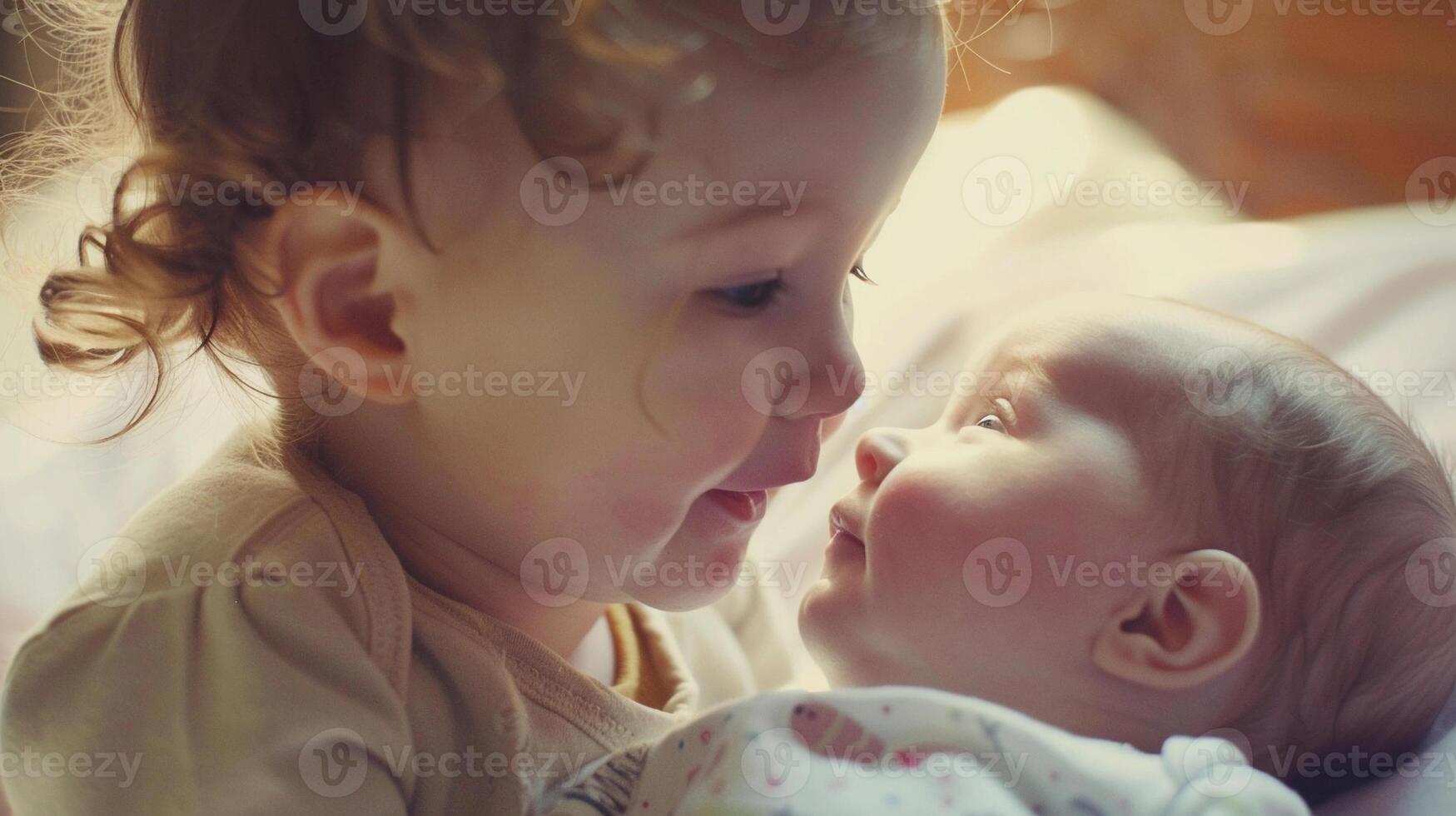 ai gegenereerd broer of zus liefde, een inschrijving beeld van een kleuter voorzichtig interactie met hun pasgeboren broer of zus, achtergrond afbeelding, generatief ai foto
