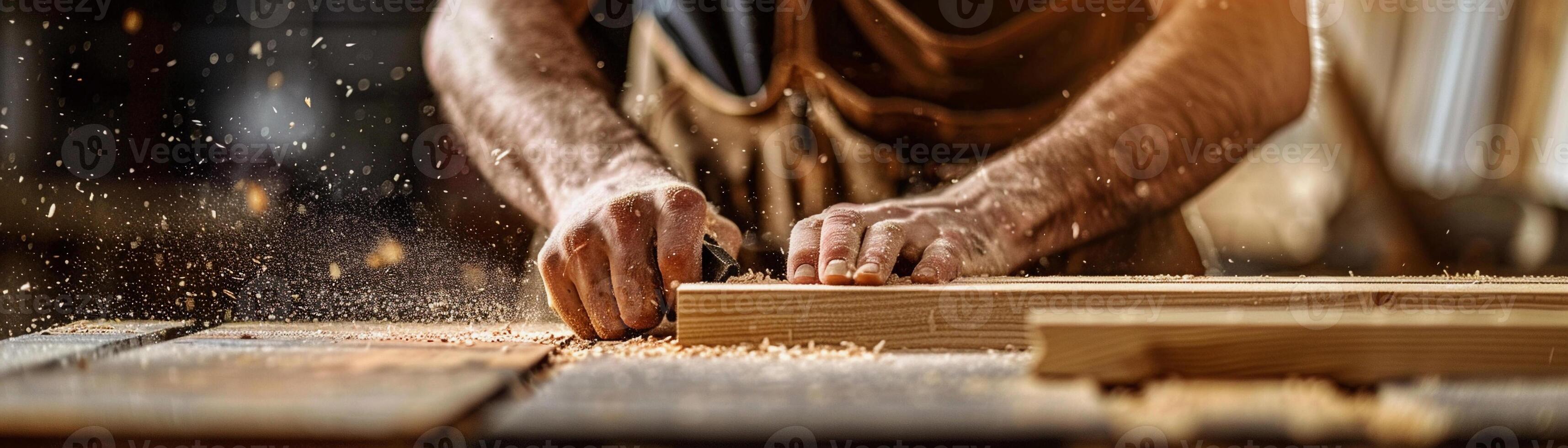 ai gegenereerd timmerman gebruik makend van een zag of andere snijdend gereedschap naar voorzichtig vorm hout, met zaagsel vliegend en gefocust concentratie, achtergrond afbeelding, generatief ai foto