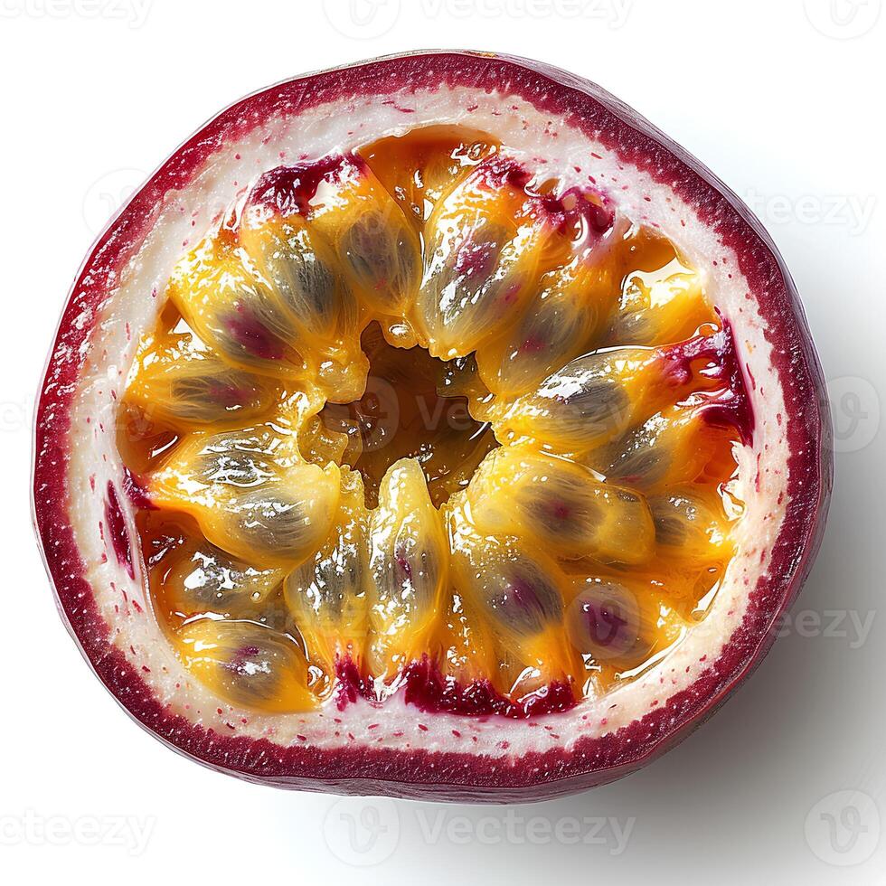 ai gegenereerd passie fruit geïsoleerd Aan wit achtergrond met schaduw. Purper passie fruit top visie. passie fruit vlak leggen. tropisch fruit passie fruit foto