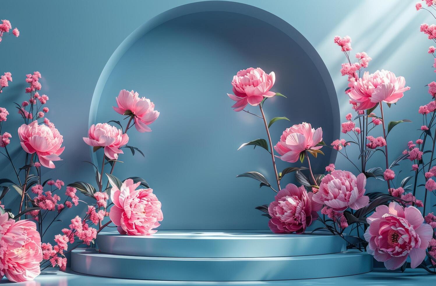 ai gegenereerd kader met wit TV scherm kader geïsoleerd Aan blauw achtergrond met roze pioen bloemen foto