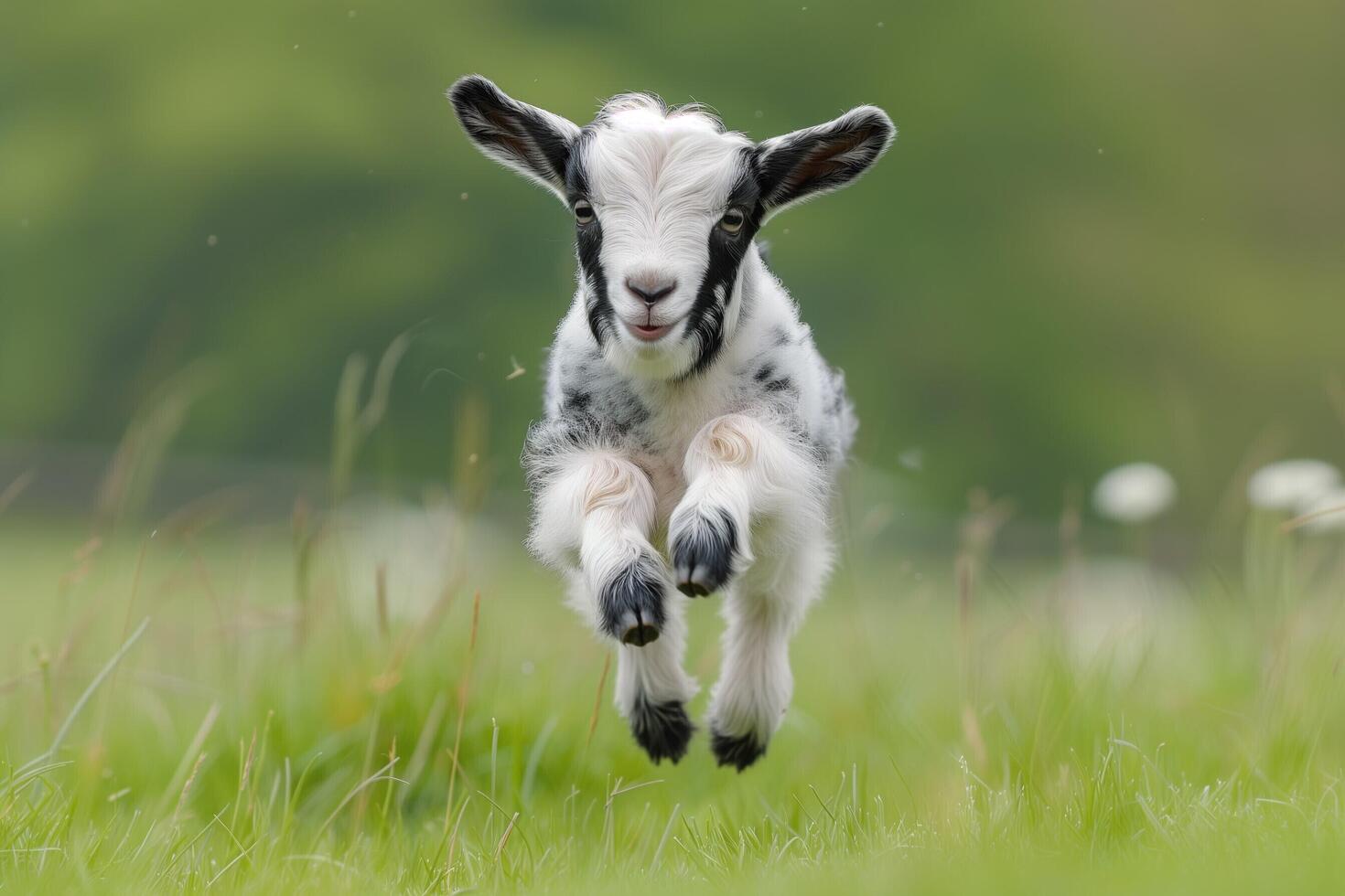 ai gegenereerd een baby geit is jumping in de lucht foto