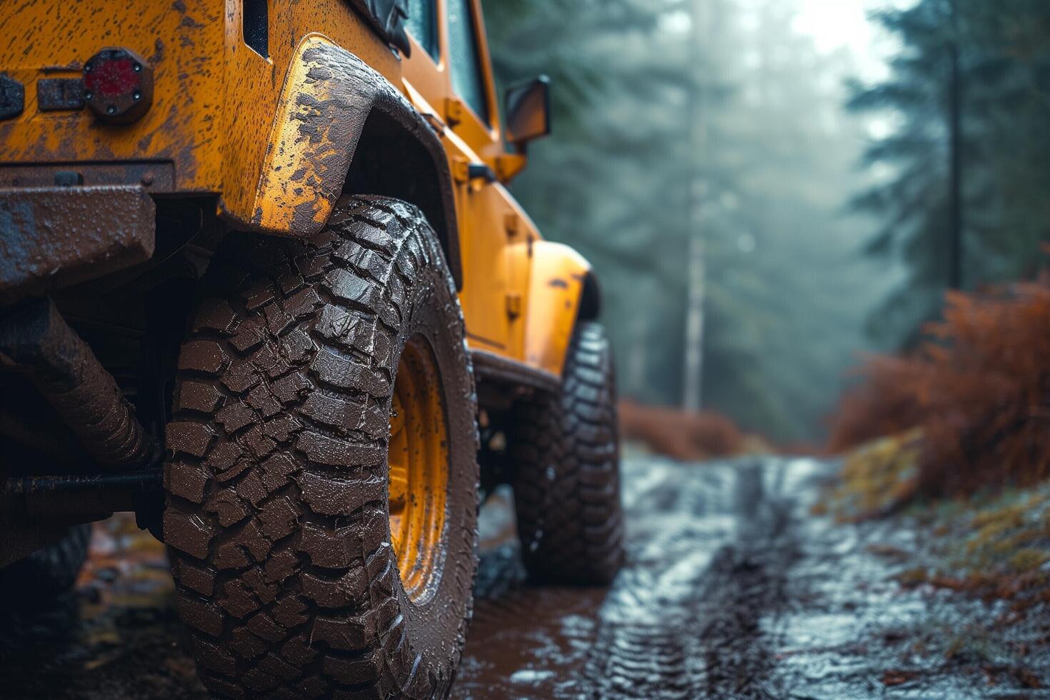 ai gegenereerd een geel jeep het rijden naar beneden een modderig weg foto