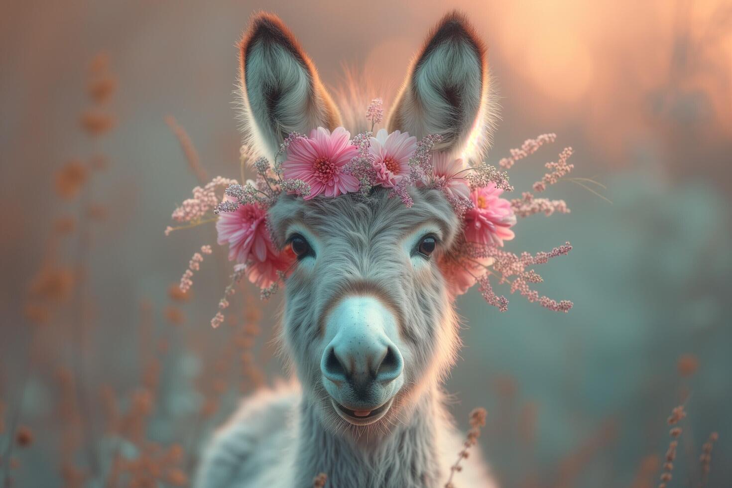 ai gegenereerd een ezel met bloemen Aan haar hoofd in een veld- foto