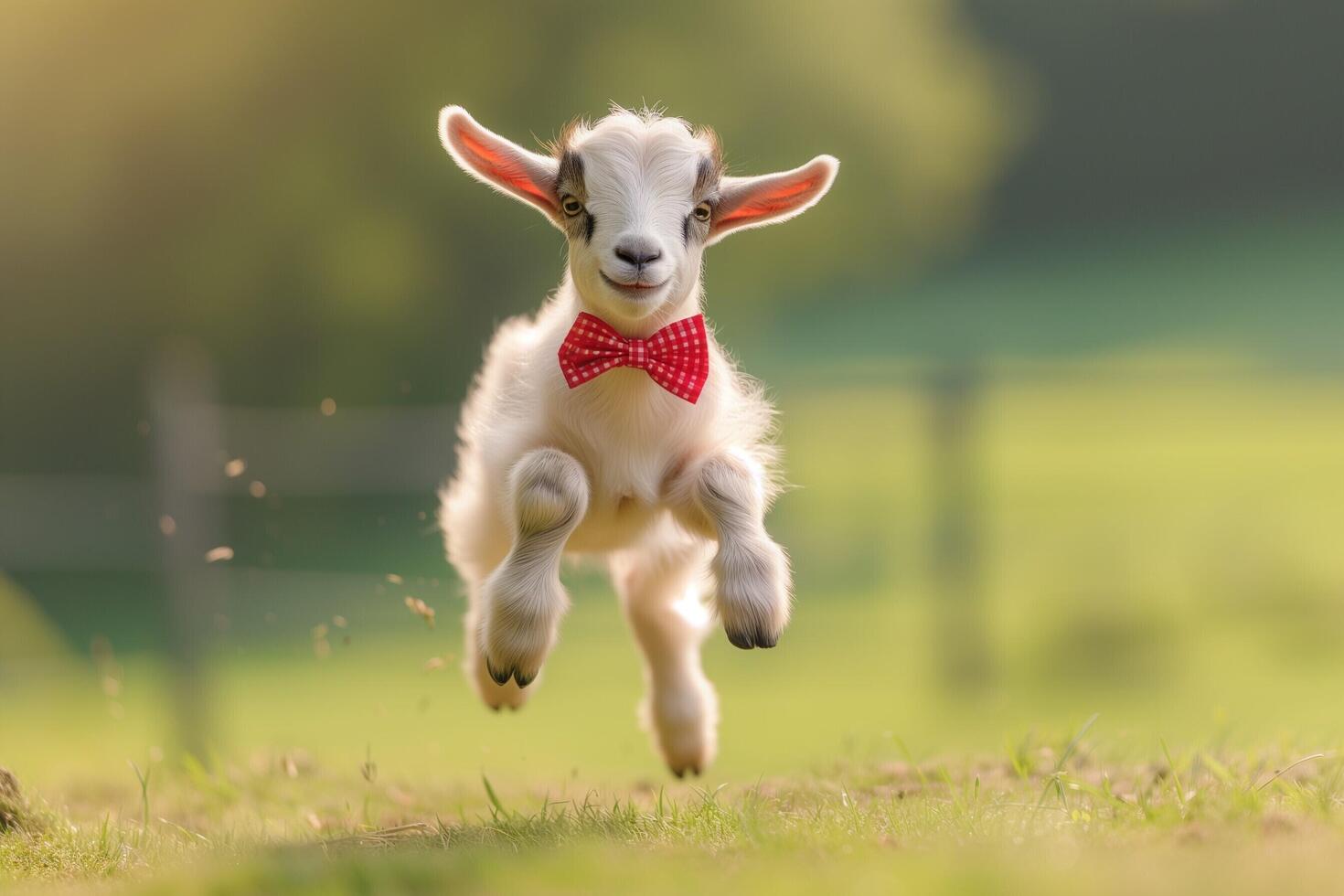 ai gegenereerd een baby geit met een rood boog stropdas rennen door de gras foto