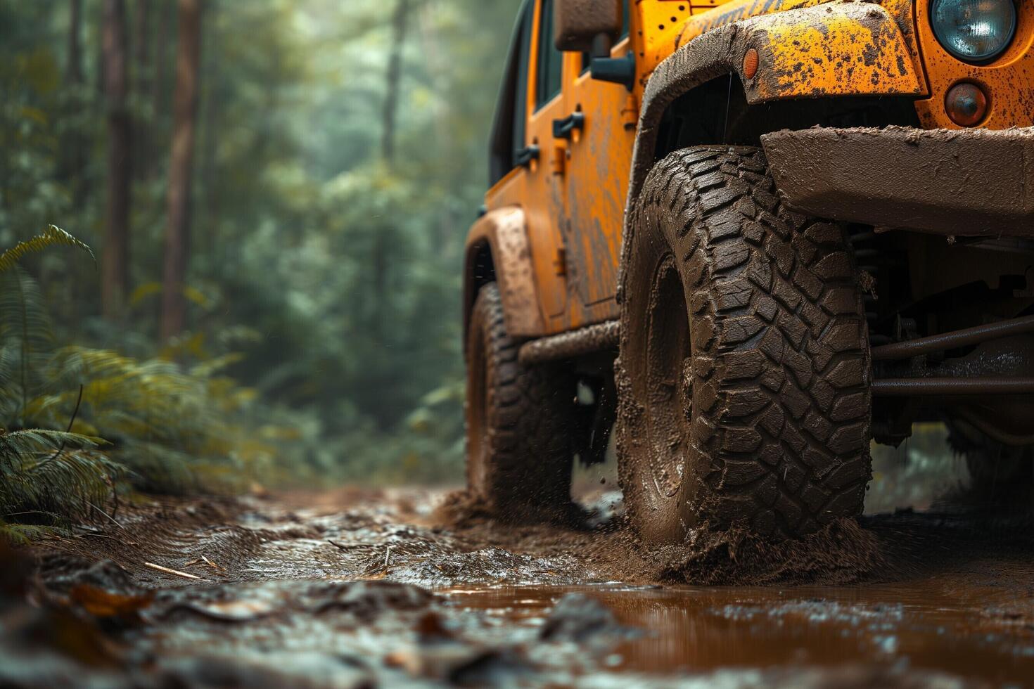 ai gegenereerd een geel jeep het rijden door de modder in de Woud foto