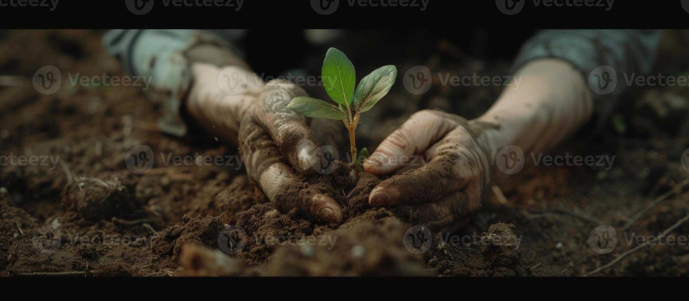 ai gegenereerd handen Holding groen zaailing groeit in bodem Aan wazig natuur achtergrond. generatief ai foto