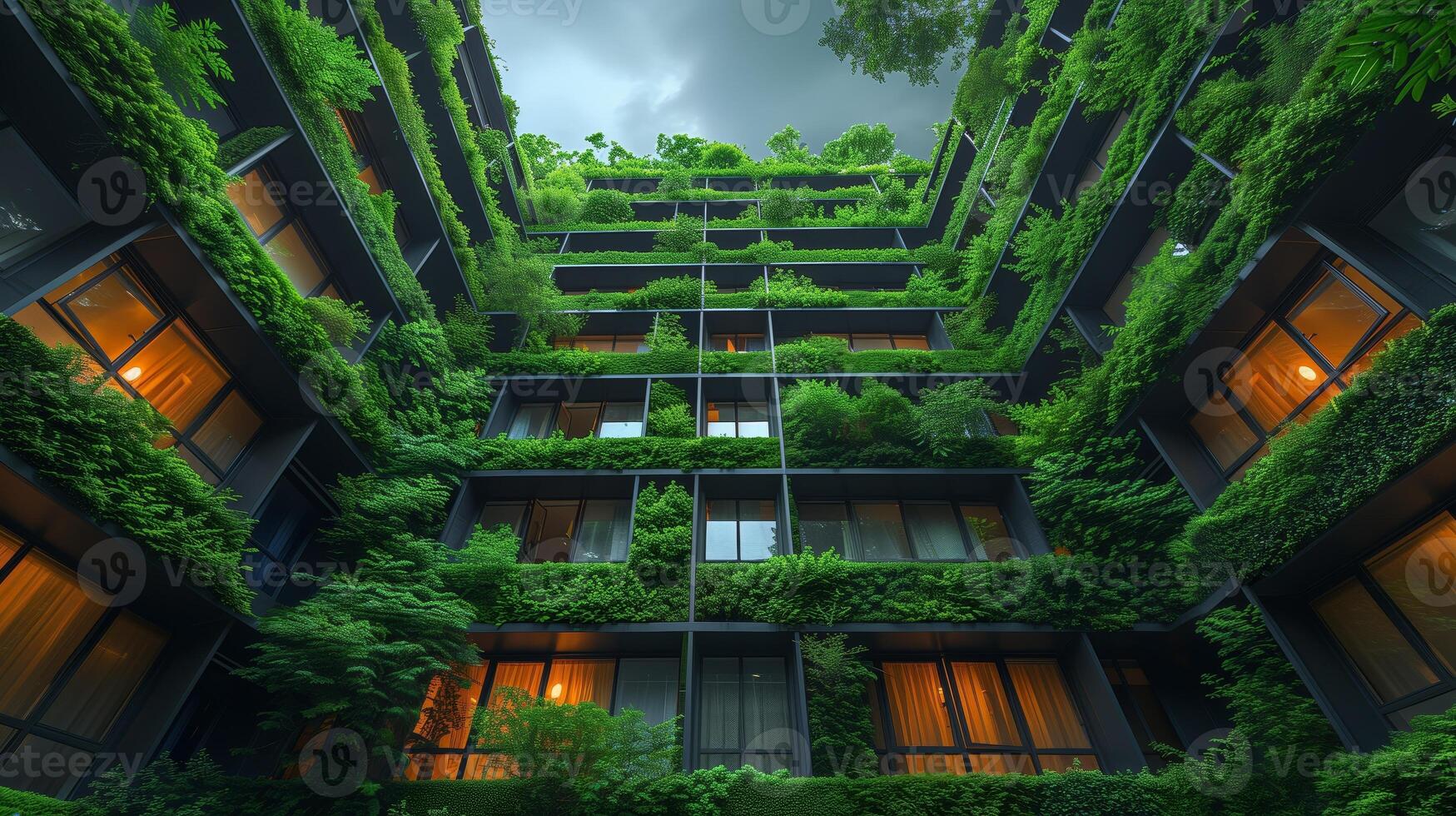ai gegenereerd groen bedekt facade van gebouw creëert natuurlijk landschap in stadsgezicht foto