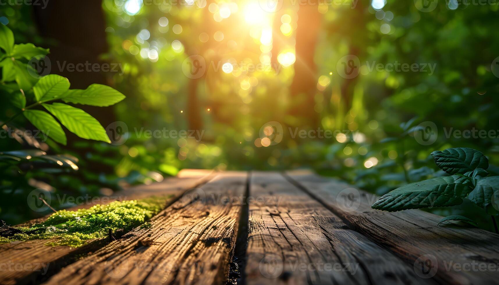 ai gegenereerd houten pad in de Woud met zon schijnend door foto