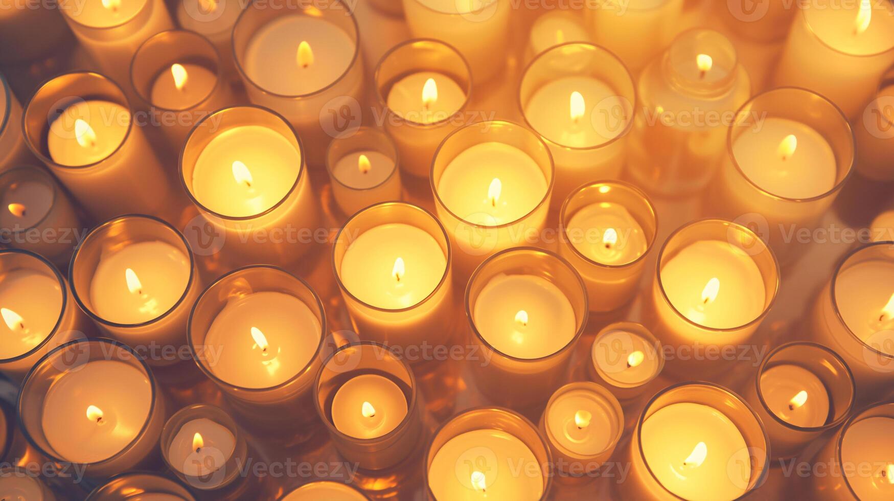 ai gegenereerd overhead top visie Aan brandend kaarsen in glas potten. warm kaarslicht waken, gedenkteken, spiritueel, mystiek atmosfeer foto
