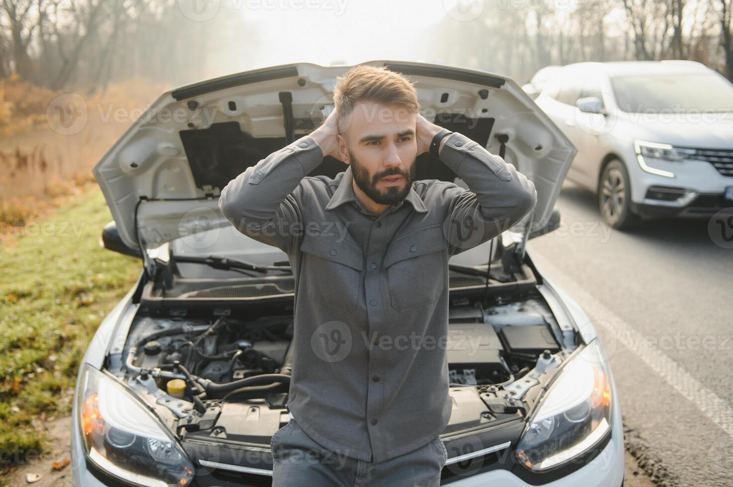 jong van streek gewoontjes Mens proberen naar fix zijn gebroken auto buitenshuis. Mens aan het wachten voor slepen onderhoud voor helpen auto ongeluk Aan de weg. langs de weg bijstand concept. foto