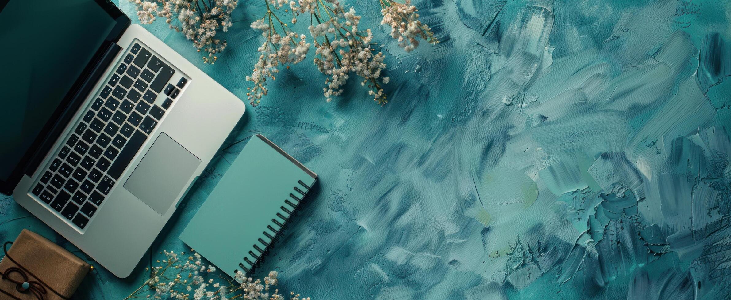ai gegenereerd een leeg notitieboekje Aan een blauw oppervlakte en een laptop Aan het foto