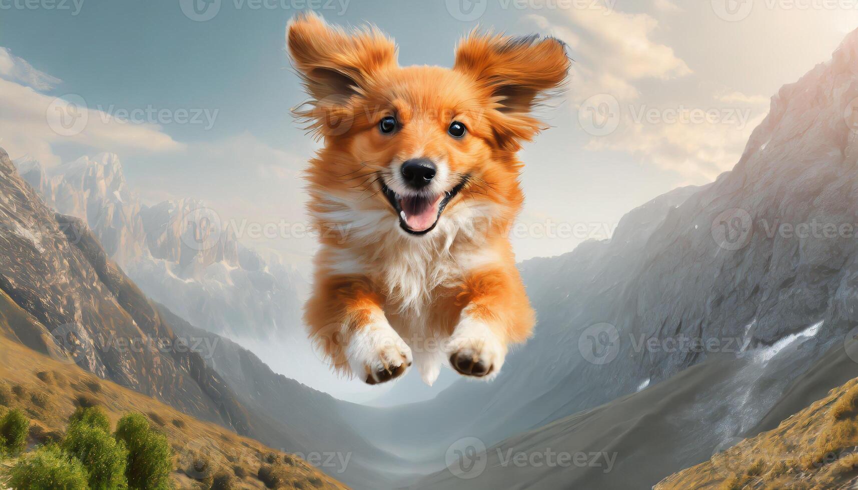 ai gegenereerd hond jumping in de lucht, klein oranje pluizig hond Aan geïsoleerd achtergrond, dieren, huisdier, hongerig, spelen, puppy willen voedsel, pup. foto