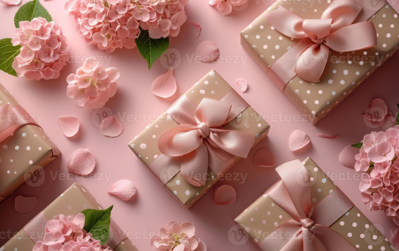 een antenne schot van prachtig versierd cadeaus met roze hortensia's en bloemblaadjes zacht verspreide aan de overkant de tafereel foto