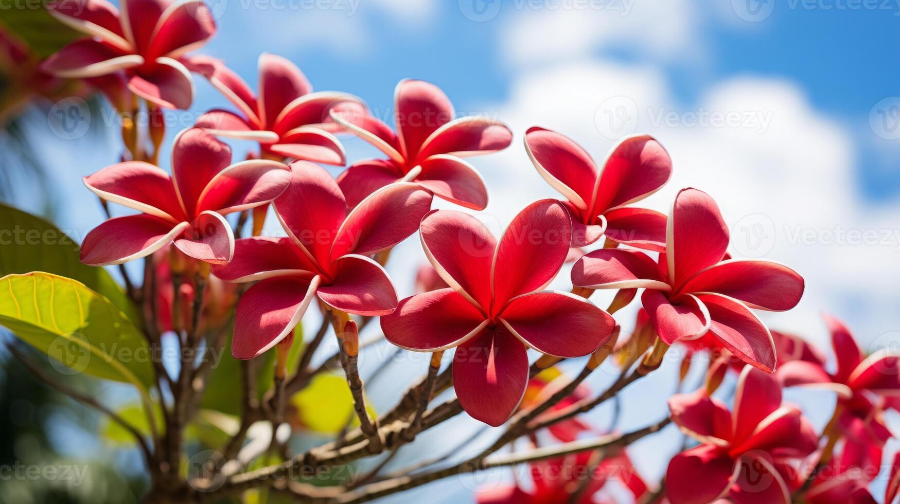 ai gegenereerd levendig roze plumeria bloemen in zonlicht foto