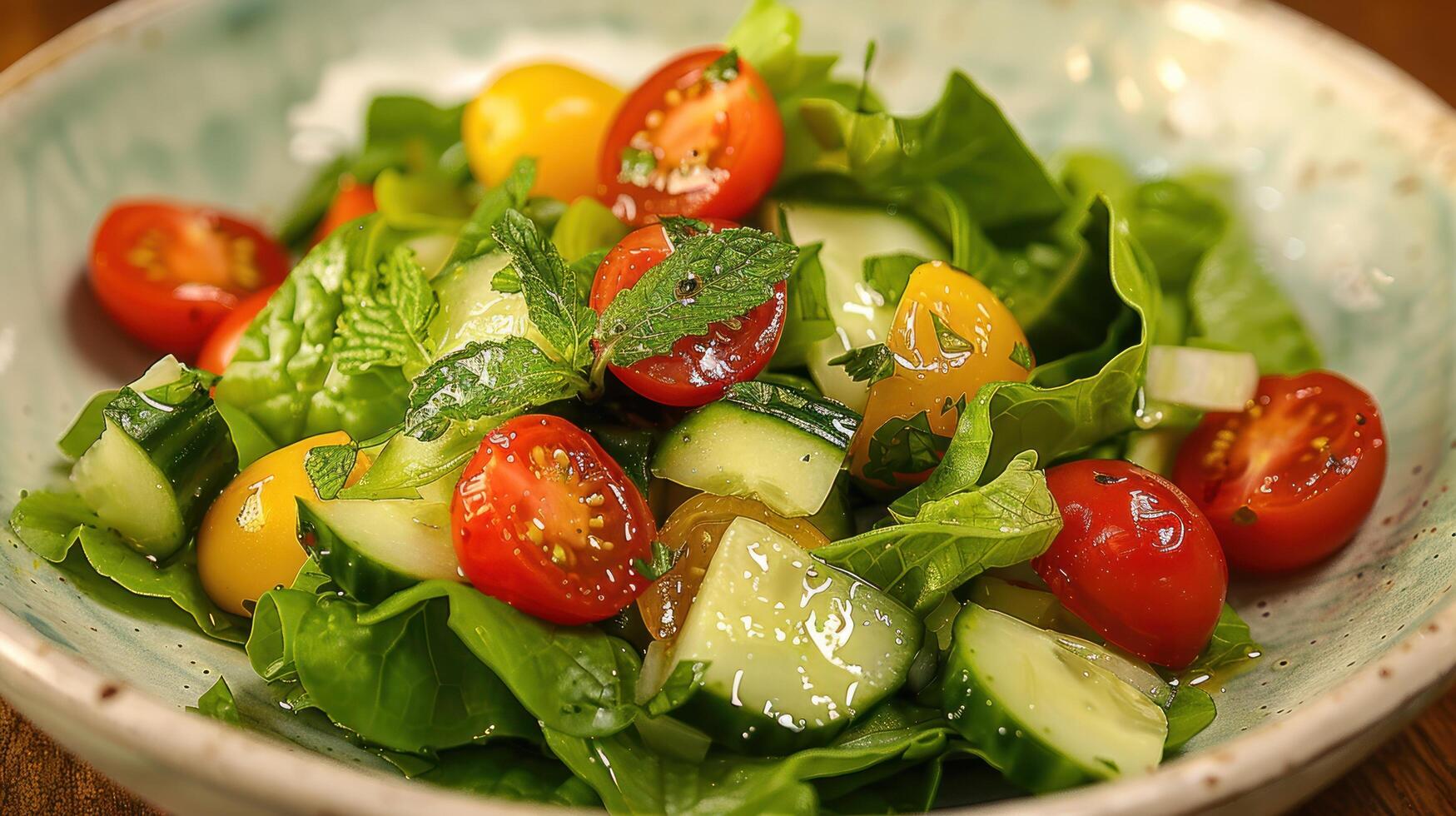 ai gegenereerd salade met romaine sla, kers tomaten, komkommers, en een citroen dressing foto