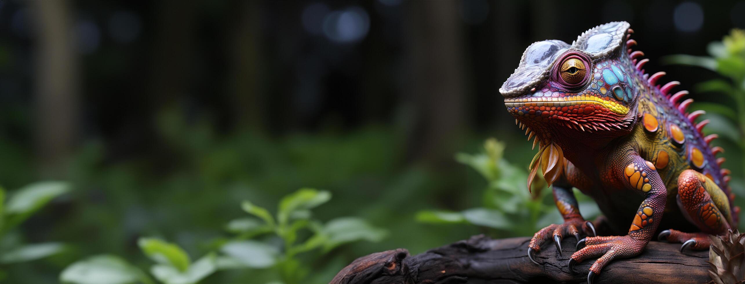 ai gegenereerd een kleurrijk kameleon is zittend Aan top van een log foto