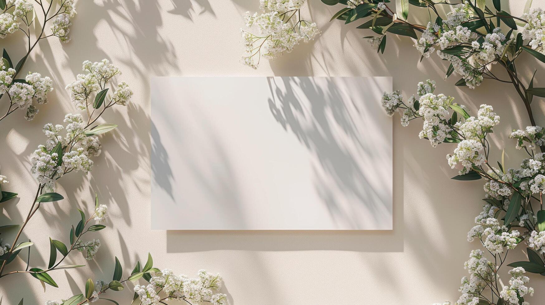 ai gegenereerd mockup van een bruiloft uitnodiging kaart met natuurlijk eucalyptus en wit gypsophila fabriek takjes. de blanco kaart mockup is reeks tegen een beige achtergrond. foto