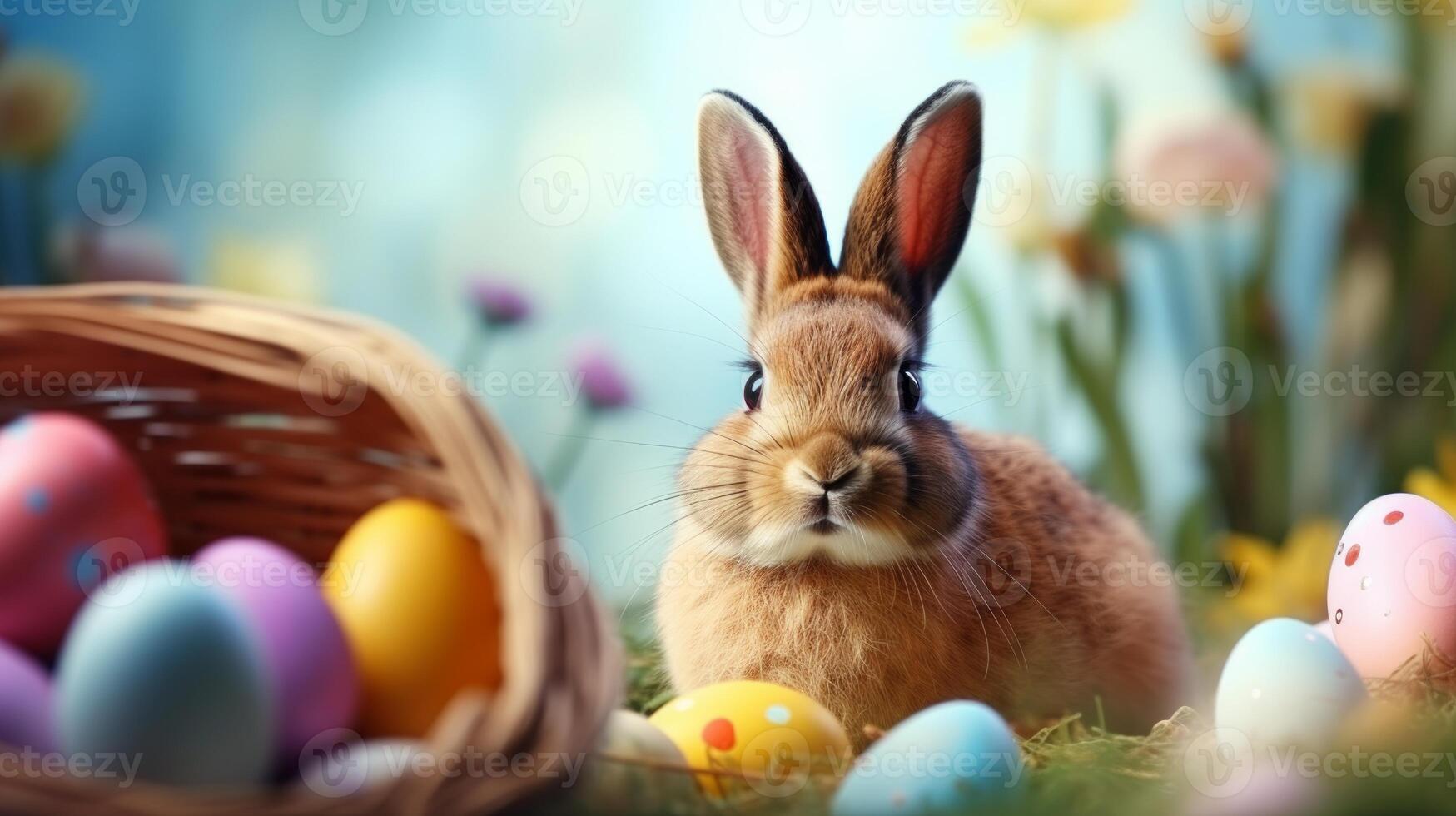 ai gegenereerd schattig Pasen konijn met versierd eieren en voorjaar bloemen Aan voorjaar landschap. konijn in in de tuin. foto