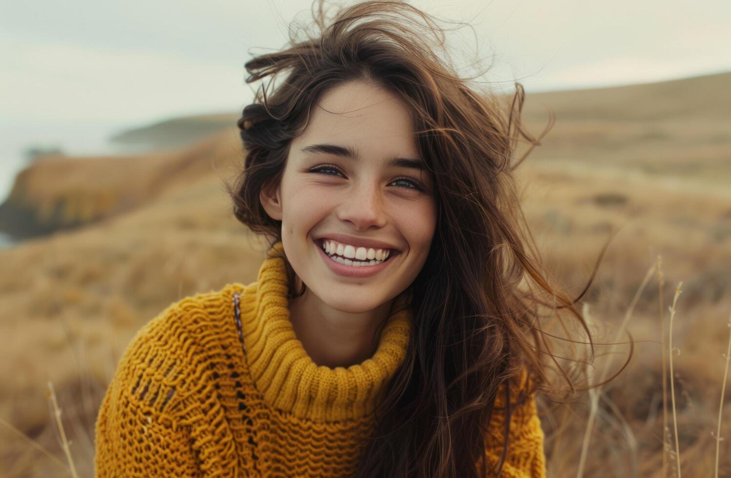 ai gegenereerd jong vrouw gekleed in geel trui lachend in voorkant van camera foto