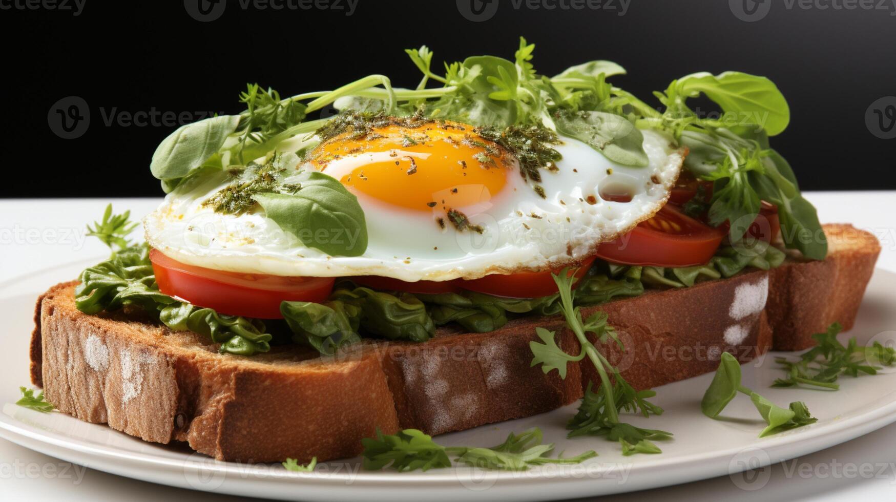 ai gegenereerd ei belegd broodje brood met groen bladeren gemakkelijk ontbijt foto