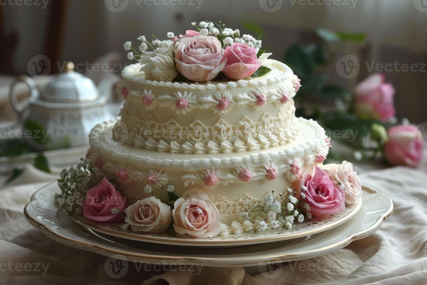ai gegenereerd mooi versierd bruiloft taart ontwerp professioneel reclame voedsel fotografie foto