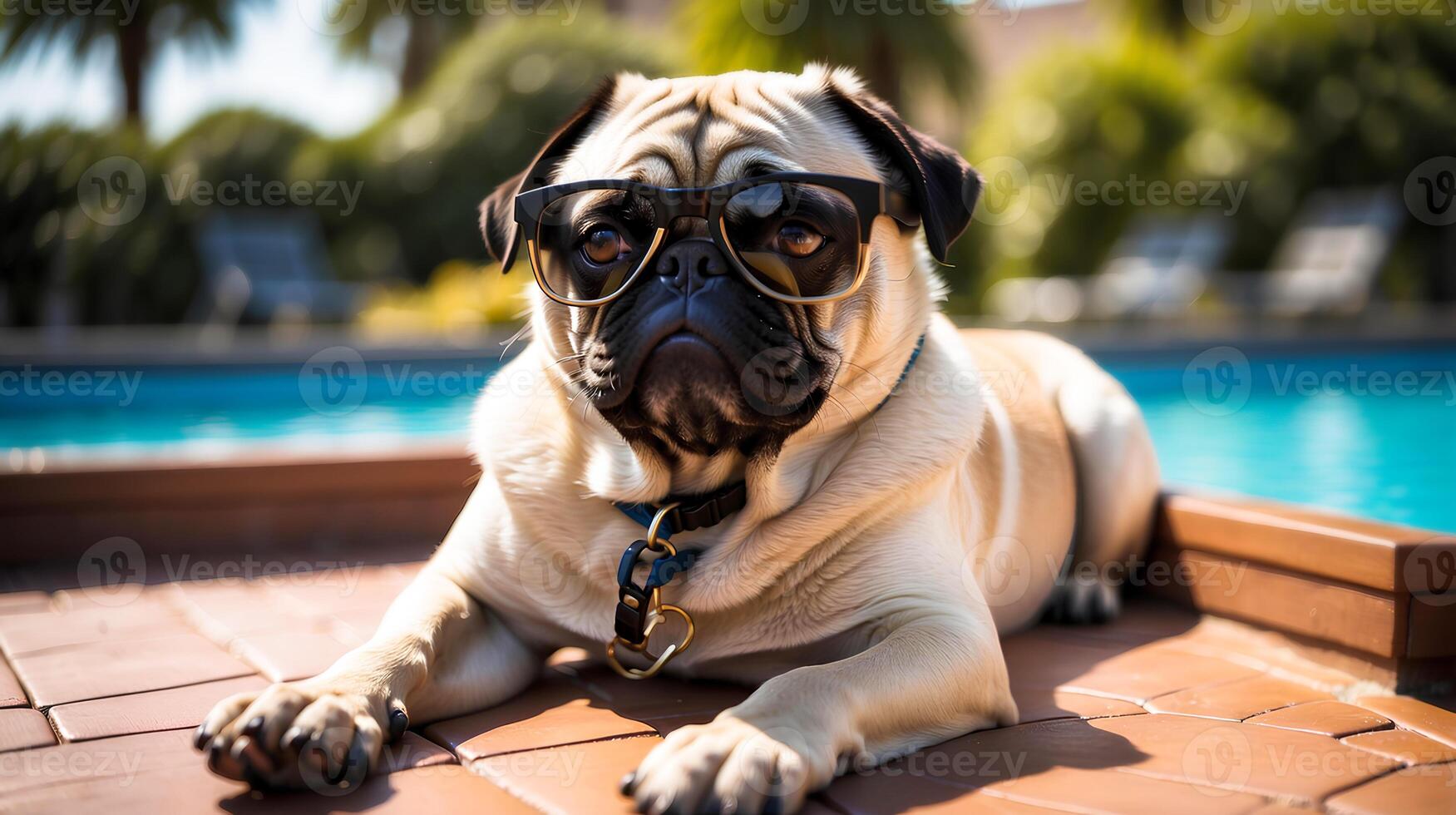 ai gegenereerd schattig mopshond, grappig hond met zonnebril houdende naar beneden in de buurt zwembad. hond Aan vakantie. concept van reizen en zomer vakantie. foto