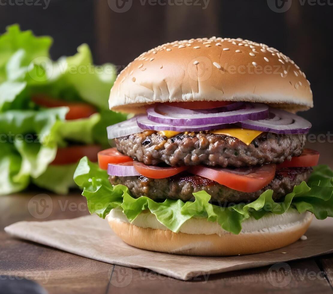 ai gegenereerd detailopname van een Hamburger met sesam zaad broodje, sla, tomaten, rood uien, spek, en een rundvlees pasteitje Aan een houten oppervlakte met sla bladeren in de achtergrond foto