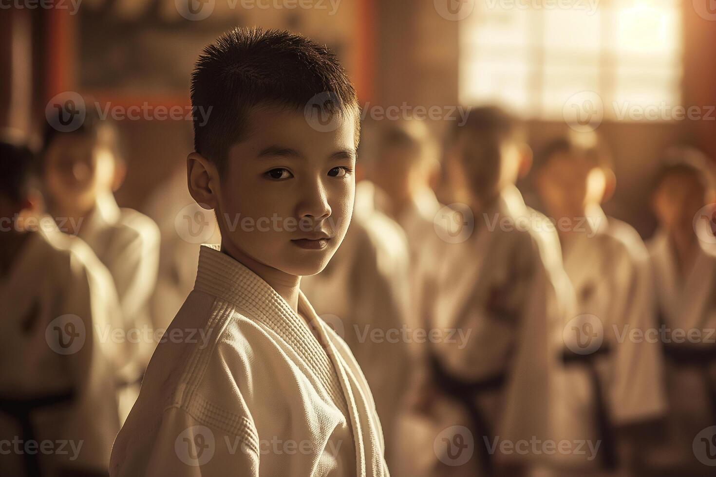 ai gegenereerd portret van jongen in traditioneel kleren opleiding ervaren karate vechter club krijgshaftig kunsten in de opleiding kamer met de deelnemers in de achtergrond foto