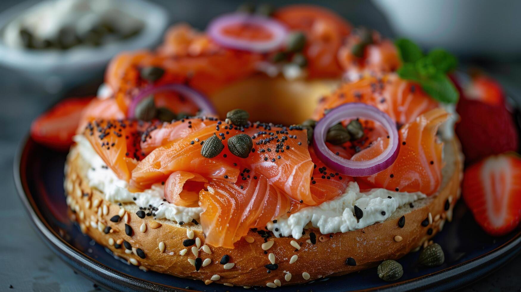 ai gegenereerd een gerookt Zalm bagel, met room kaas, rood ui, en kappertjes, geserveerd met een kant van vers fruit foto