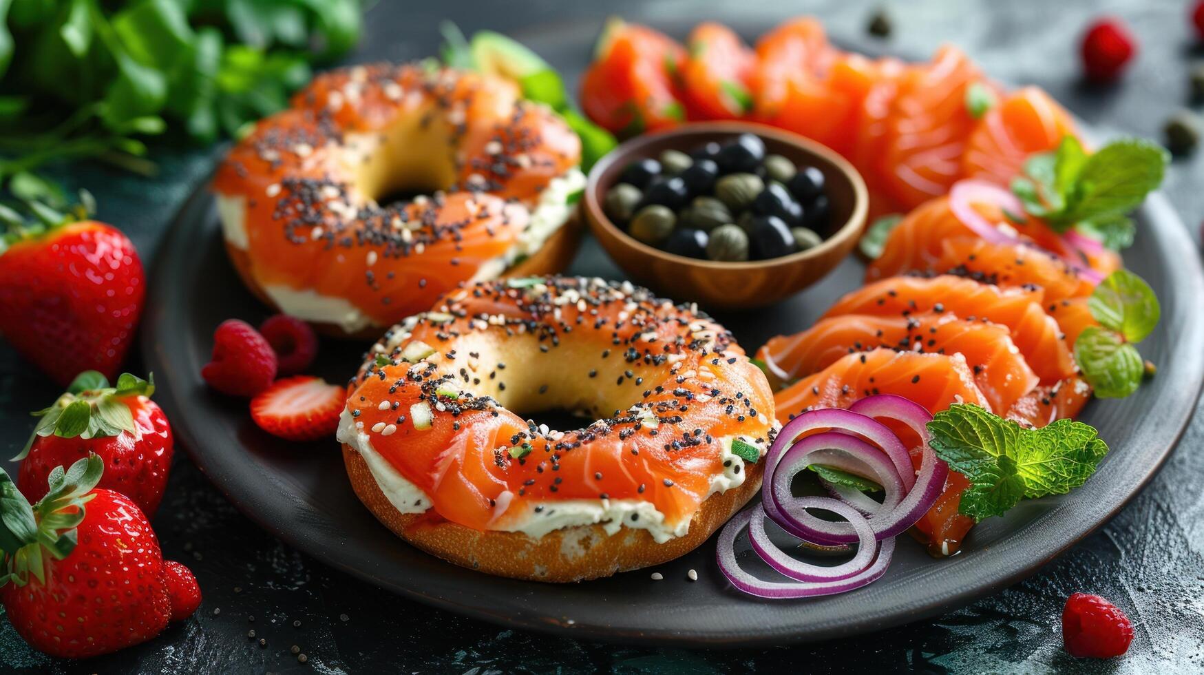 ai gegenereerd een gerookt Zalm bagel, met room kaas, rood ui, en kappertjes, geserveerd met een kant van vers fruit foto